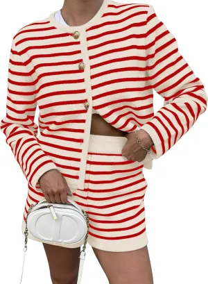 Womens Striped 2 Piece Outfits Long Sleeve Crew Neck Button Lounge Short Set Casual Knit Sweater High Waist Shorts Red