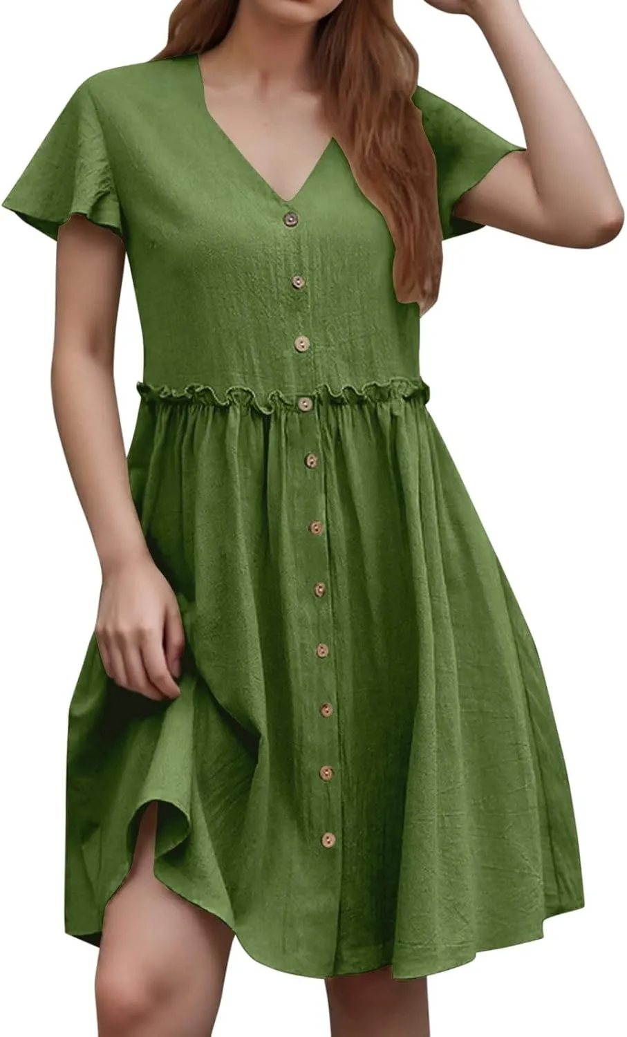 Women's Summer Button Down Shirt Dress Casual Ruffle Sleeve Shift Mini Dresses V Neck Knee Length Dress