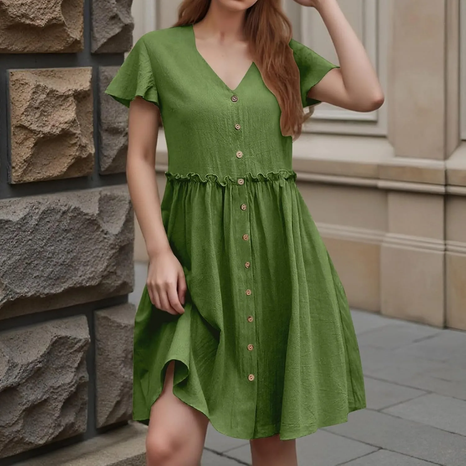 Women's Summer Button Down Shirt Dress Casual Ruffle Sleeve Shift Mini Dresses V Neck Knee Length Dress