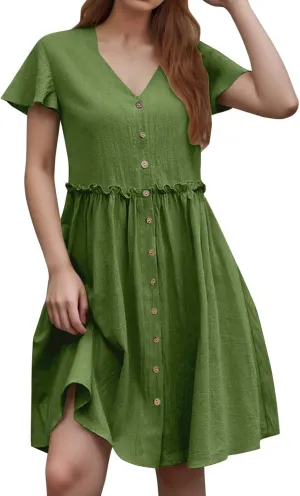 Women's Summer Button Down Shirt Dress Casual Ruffle Sleeve Shift Mini Dresses V Neck Knee Length Dress