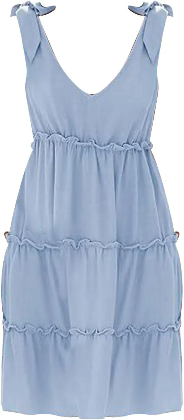 Womens Summer Casual Dress 2024 Tie Shoulder Tiered Sleeveless Mini Dress Ruffle V Neck A Line Swing Short
