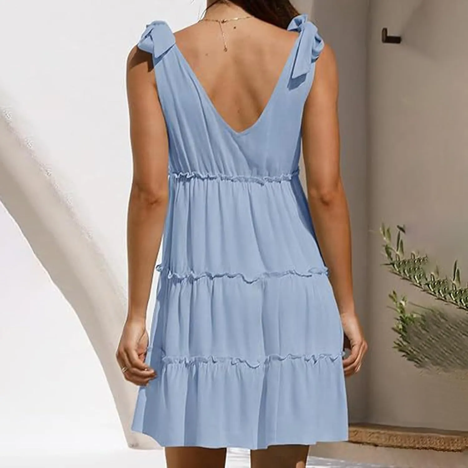 Womens Summer Casual Dress 2024 Tie Shoulder Tiered Sleeveless Mini Dress Ruffle V Neck A Line Swing Short