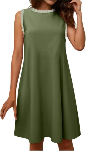 Women's Summer Sleeveless Crew Neck Midi Dresses Casual Loose Fitted Tank Sundress with Pockets