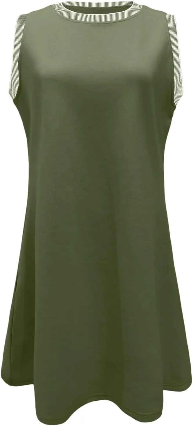 Women's Summer Sleeveless Crew Neck Midi Dresses Casual Loose Fitted Tank Sundress with Pockets