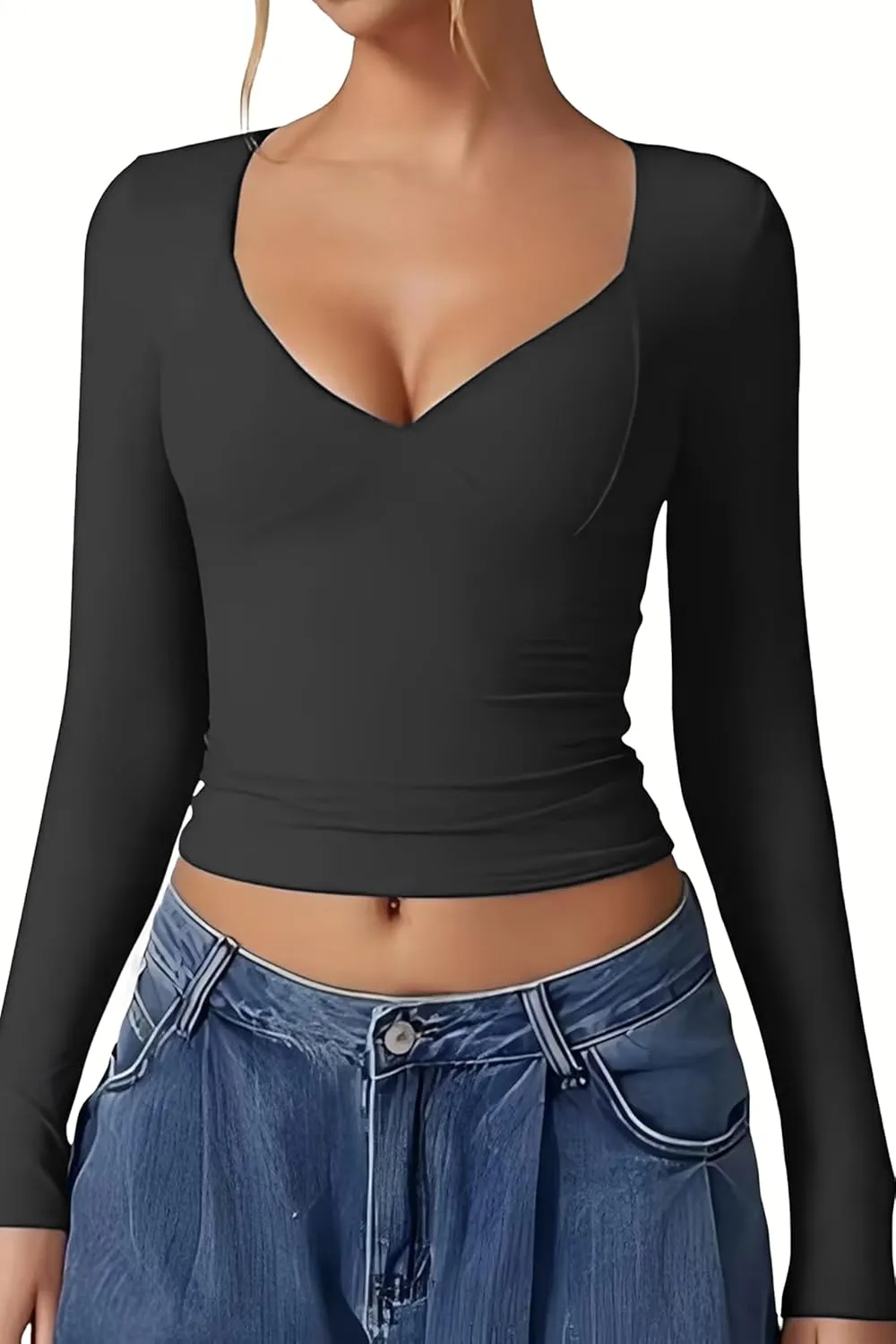 Womens T Shirts Sexy V Neck Long Sleeve Going Out 2025 Casual Workout Outfits Crop Tops Slim Fit Y2K Clothing