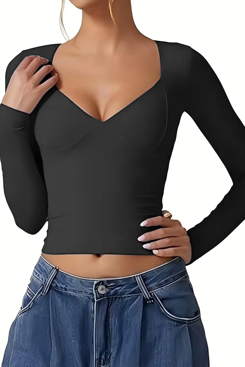 Womens T Shirts Sexy V Neck Long Sleeve Going Out 2025 Casual Workout Outfits Crop Tops Slim Fit Y2K Clothing