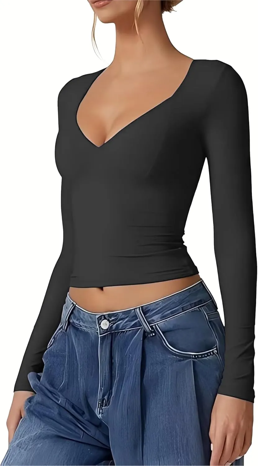 Womens T Shirts Sexy V Neck Long Sleeve Going Out 2025 Casual Workout Outfits Crop Tops Slim Fit Y2K Clothing