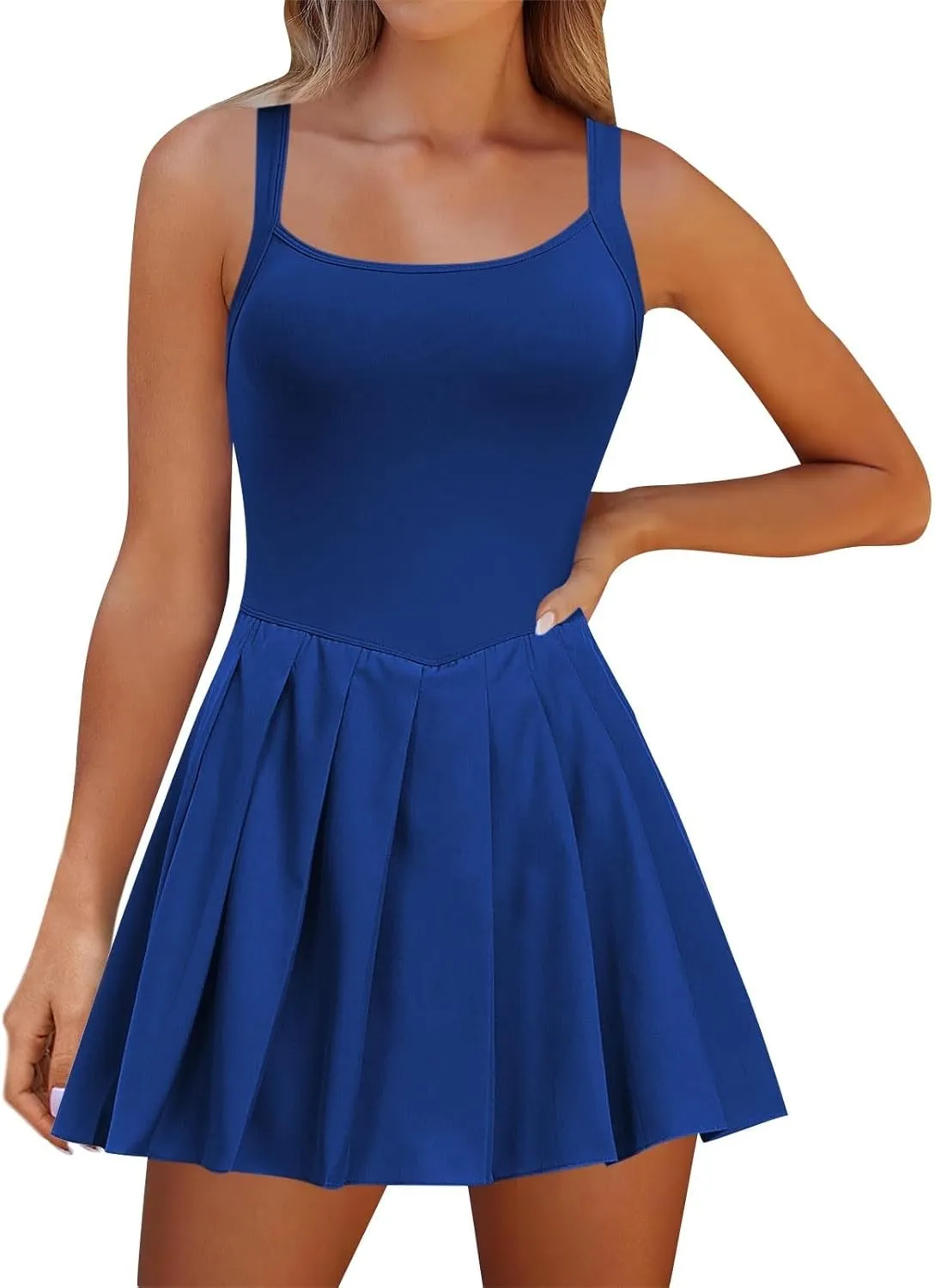 Womens Tennis Dress Sleeveless Athletic Workout Dress with Built in Shorts Cute Pleated Mini Golf Romper Dresses