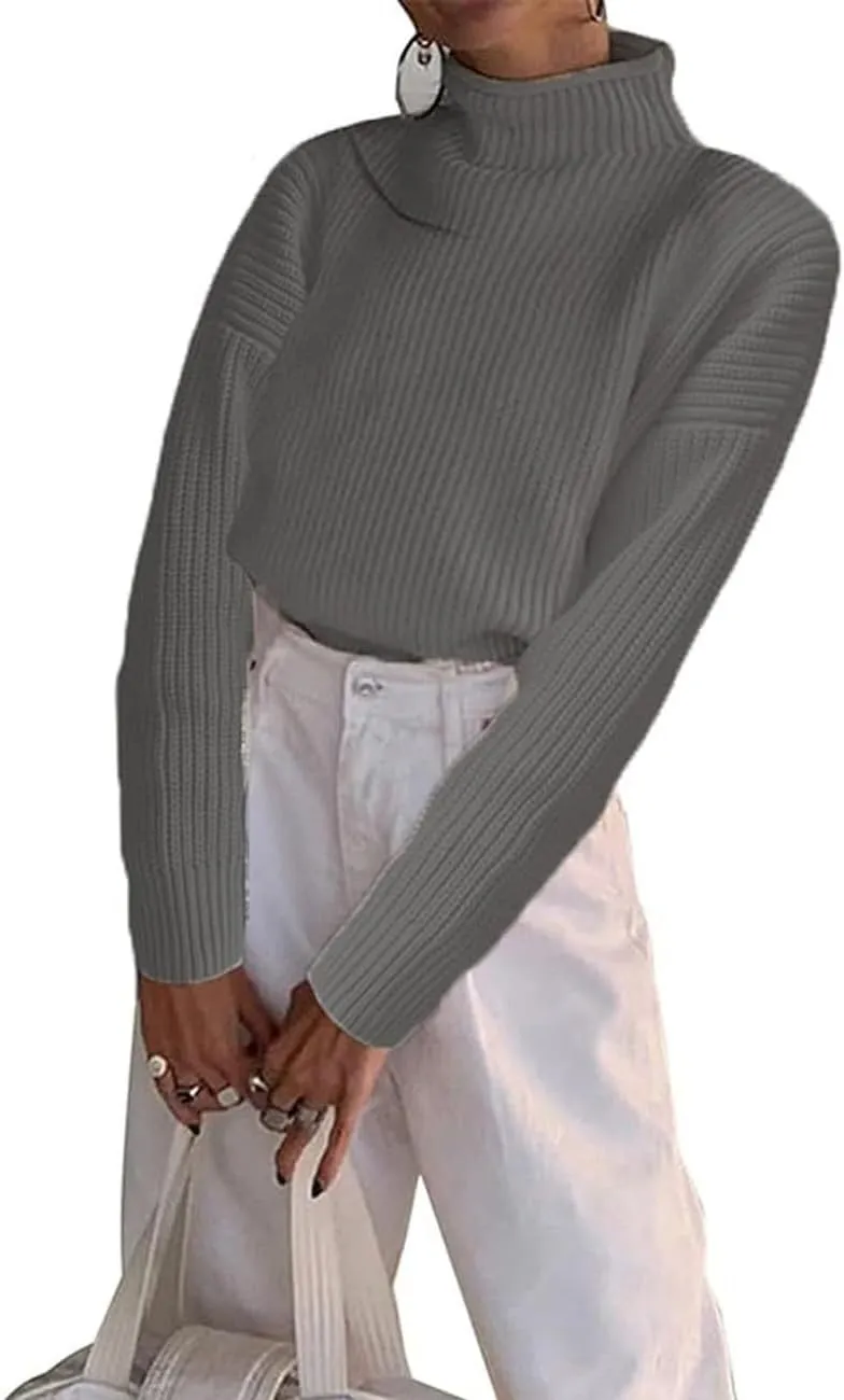 Women's Turtleneck Sweater Long Sleeve Oversized Ribbed Knit Pullover Sweater Jumper Top