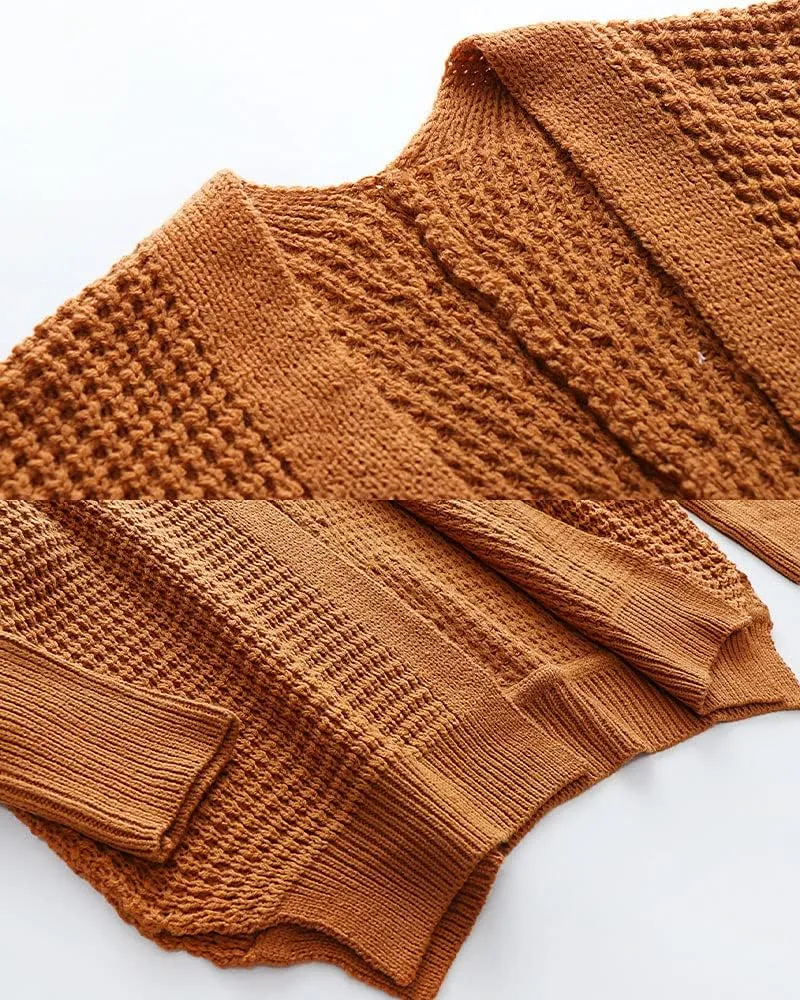 Women's Waffle Cardigan Ribbed Cuffs Open Front Knit Sweater Batwing Long Sleeve Casual Loose Chunky Coat Outwear
