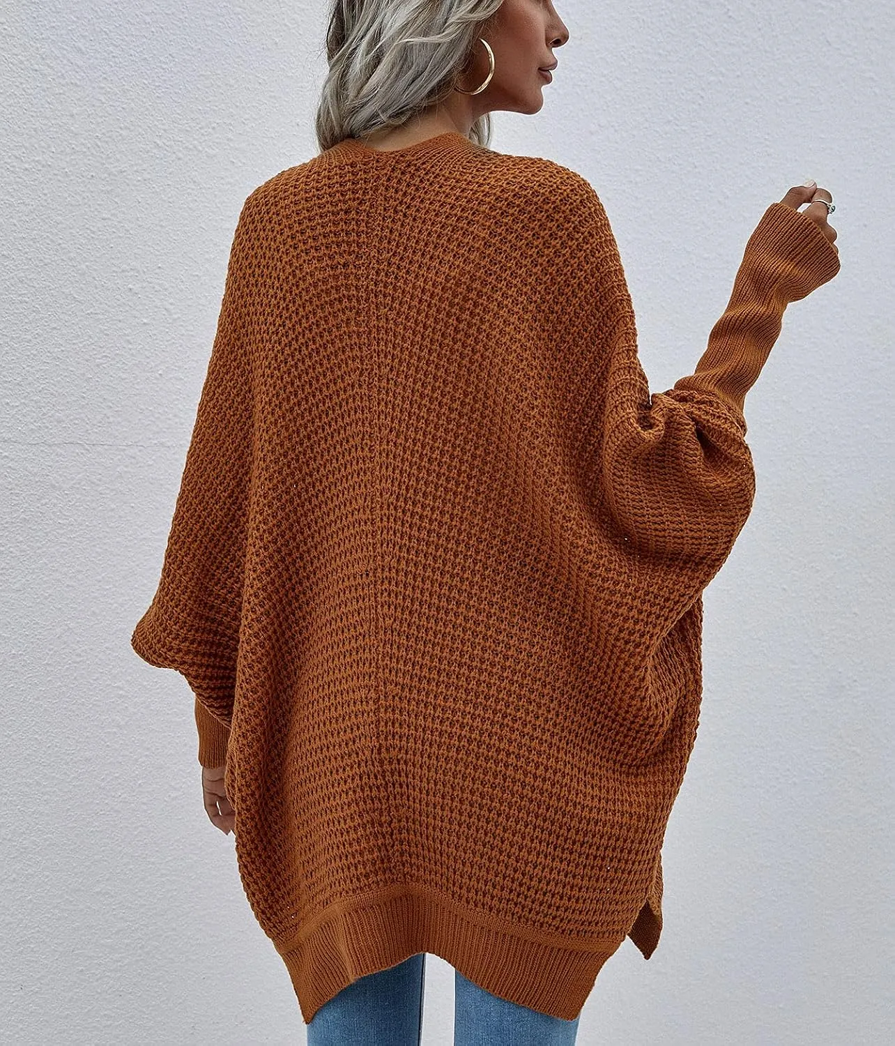Women's Waffle Cardigan Ribbed Cuffs Open Front Knit Sweater Batwing Long Sleeve Casual Loose Chunky Coat Outwear