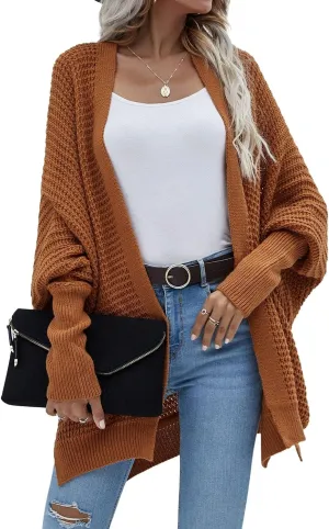 Women's Waffle Cardigan Ribbed Cuffs Open Front Knit Sweater Batwing Long Sleeve Casual Loose Chunky Coat Outwear