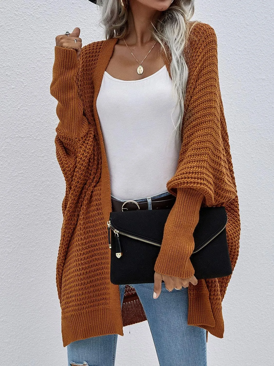 Women's Waffle Cardigan Ribbed Cuffs Open Front Knit Sweater Batwing Long Sleeve Casual Loose Chunky Coat Outwear