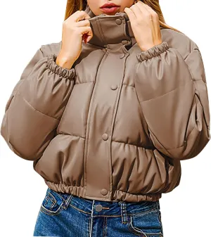 Womens Winter Cropped Puffer Jackets Trendy Zip up Long Sleeve Fluffy down Coats Casual Lightweight Cute Warm Outwear