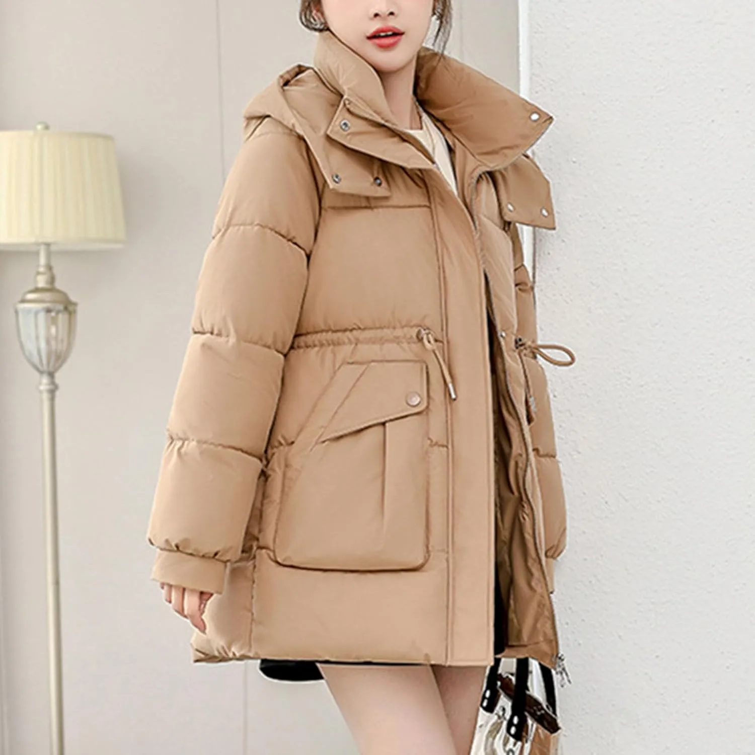 Womens Winter Thickened Padded Coats Warm with Hood Full Zip Long Sleeve Puffer Jackets Casual Thermal Cute down Coat