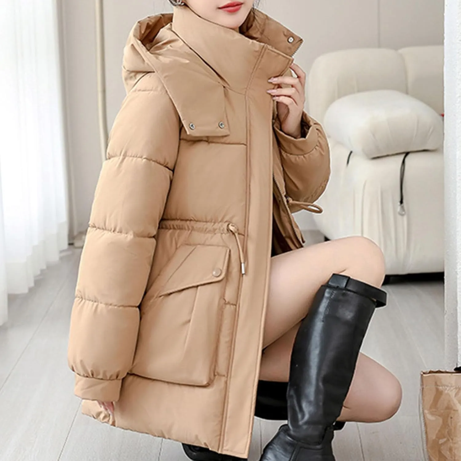 Womens Winter Thickened Padded Coats Warm with Hood Full Zip Long Sleeve Puffer Jackets Casual Thermal Cute down Coat
