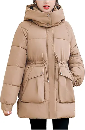 Womens Winter Thickened Padded Coats Warm with Hood Full Zip Long Sleeve Puffer Jackets Casual Thermal Cute down Coat