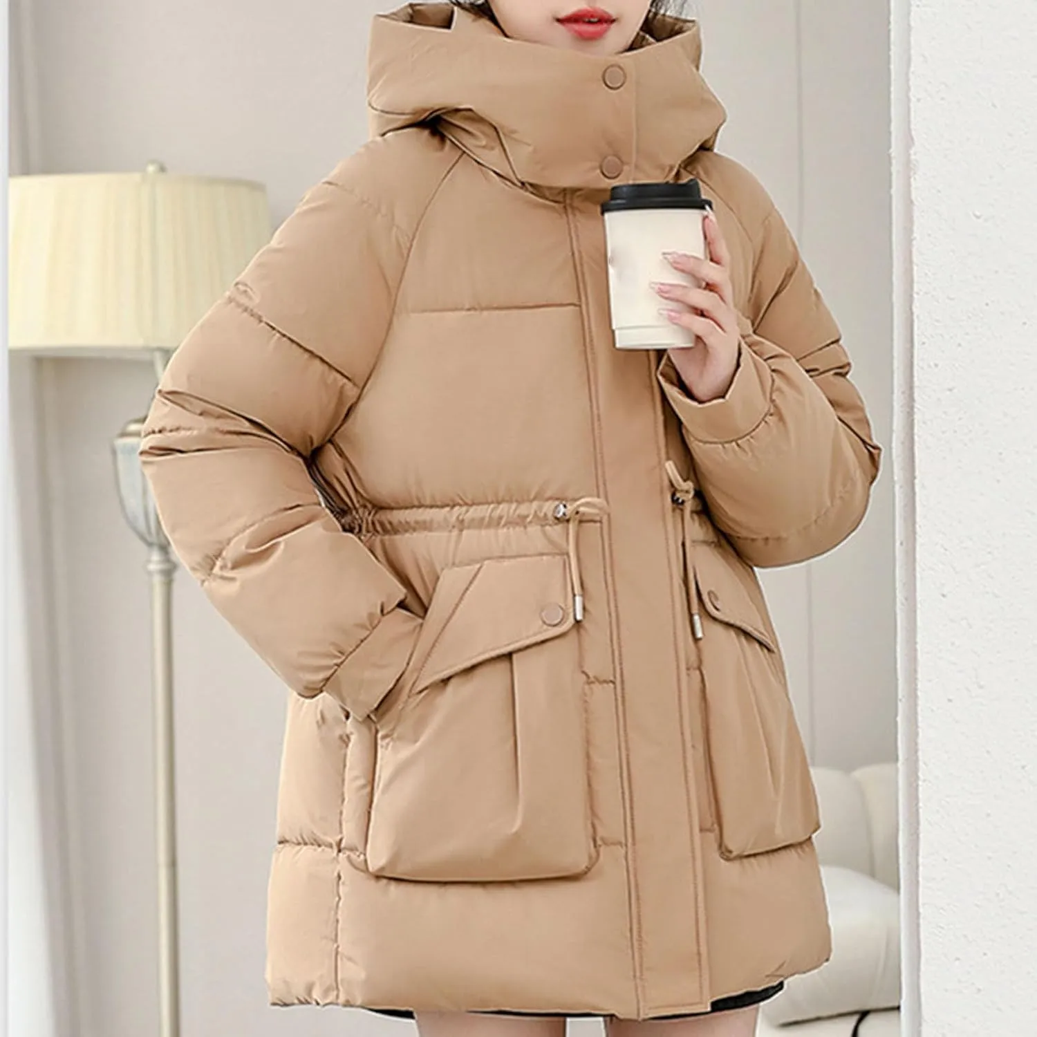 Womens Winter Thickened Padded Coats Warm with Hood Full Zip Long Sleeve Puffer Jackets Casual Thermal Cute down Coat