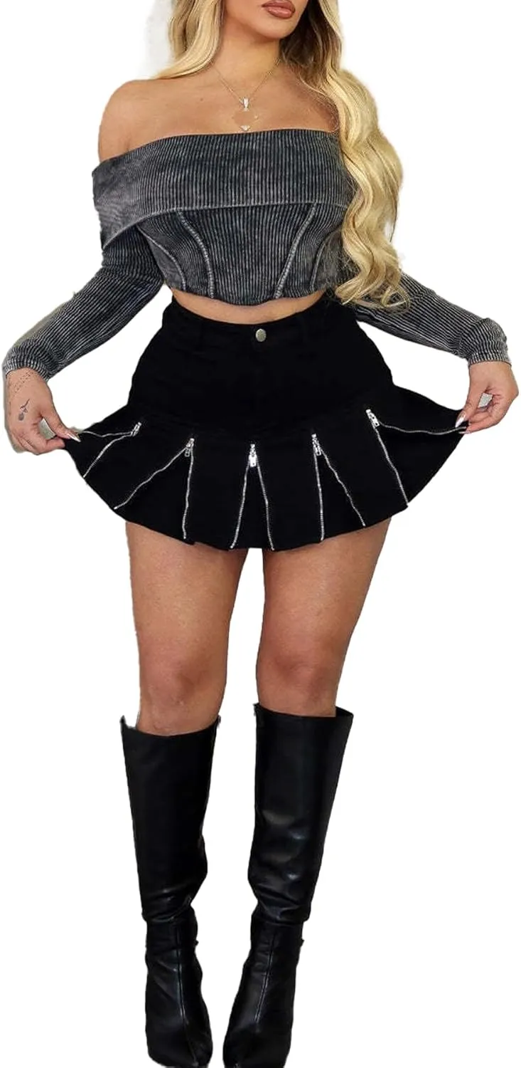 Women's Zipper Pleated Mini Skirt 2025 Summer High Waisted Solid Color A Line Short Skirts Y2k Streetwear