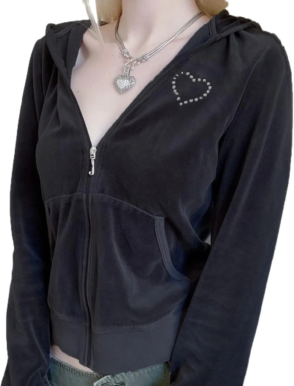 XBTCLXEBCO Crop Hoodie for Women Zip Up Long Sleeve Vintage Hooded Sweatshirt Y2K Fairy Grunge Drawstring Jacket Streetwear