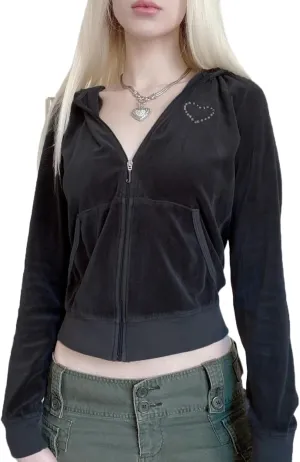XBTCLXEBCO Crop Hoodie for Women Zip Up Long Sleeve Vintage Hooded Sweatshirt Y2K Fairy Grunge Drawstring Jacket Streetwear