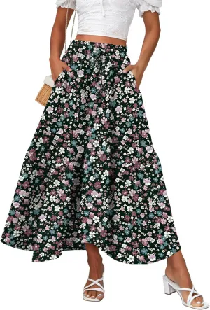 Zeagoo Long Skirts for Women High Waist A Line Skirt Casual Flowy Tiered Skirt with Pockets Summer Floral Boho Skirt