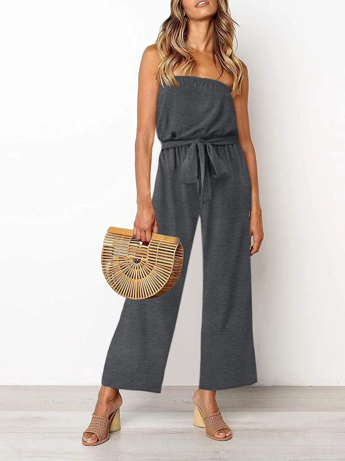ZESICA Women's Casual Off Shoulder Solid Color Strapless Belted Wide Leg Jumpsuit Romper