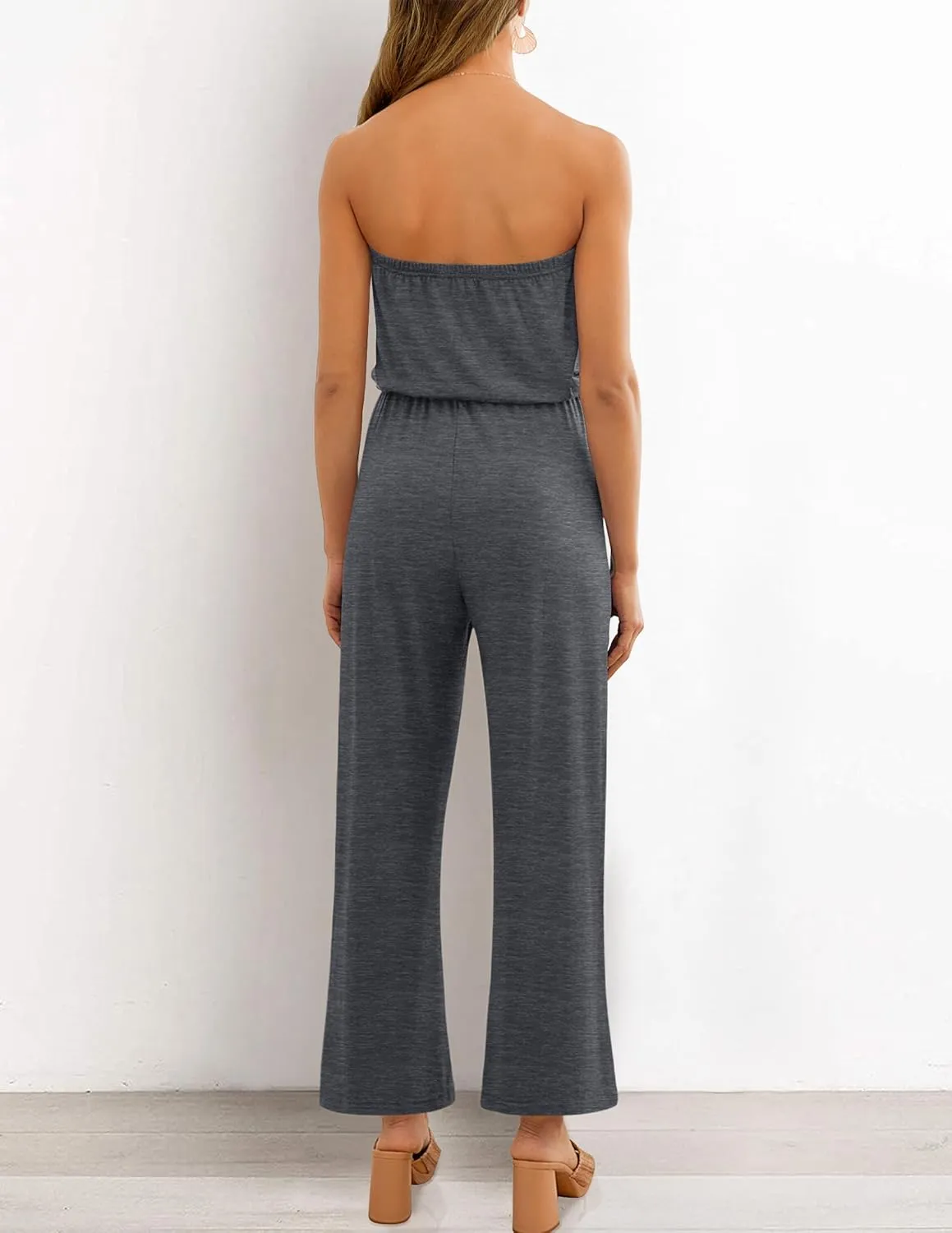 ZESICA Women's Casual Off Shoulder Solid Color Strapless Belted Wide Leg Jumpsuit Romper