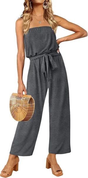 ZESICA Women's Casual Off Shoulder Solid Color Strapless Belted Wide Leg Jumpsuit Romper