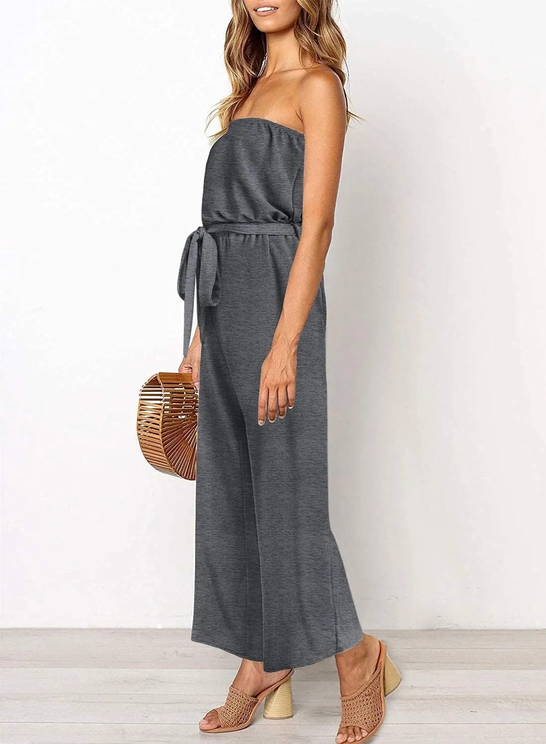 ZESICA Women's Casual Off Shoulder Solid Color Strapless Belted Wide Leg Jumpsuit Romper