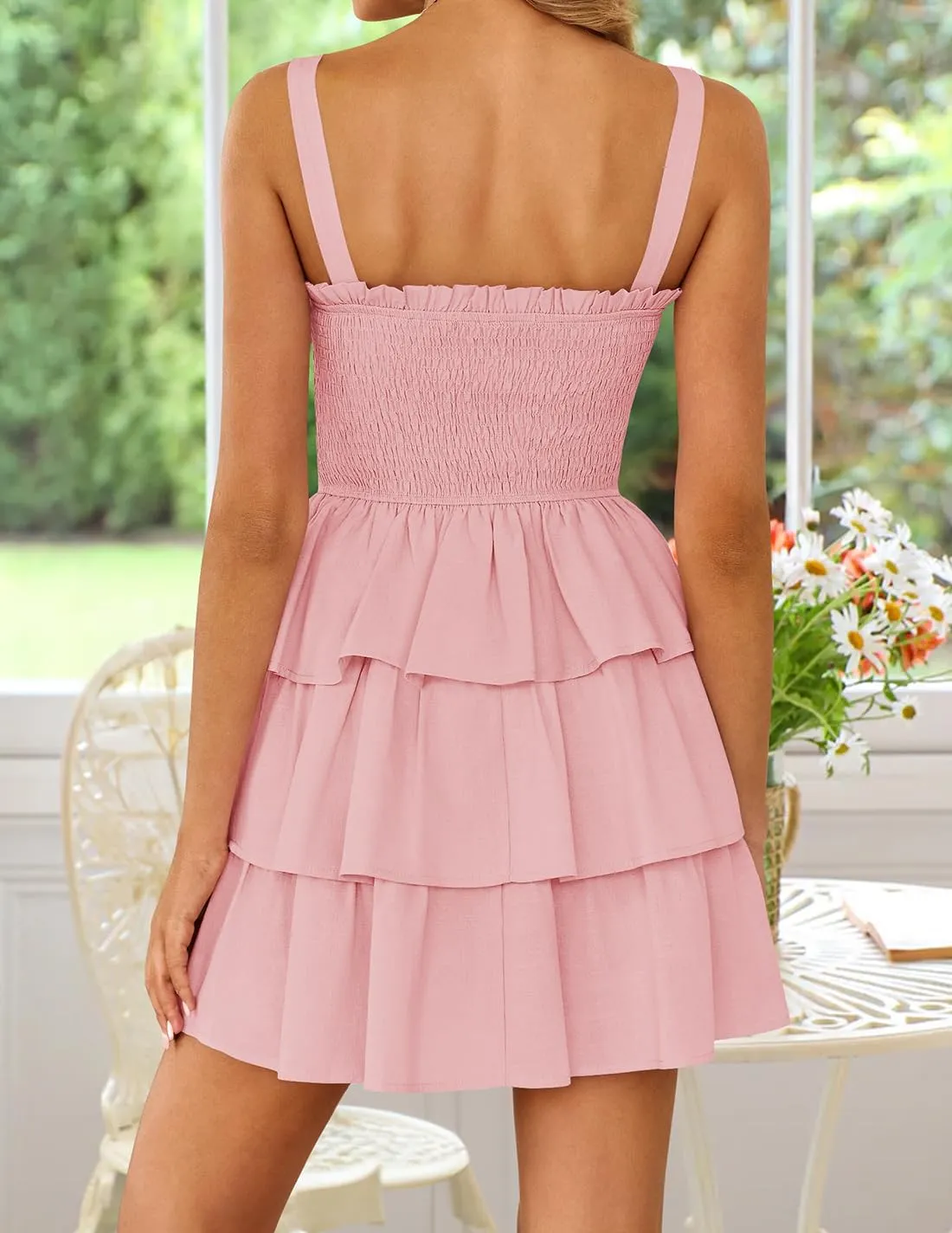 ZESICA Women's Summer Sleeveless Ruffle Tiered Layered Mini Dresses 2025 Square Neck Smocked Short Beach Sundress