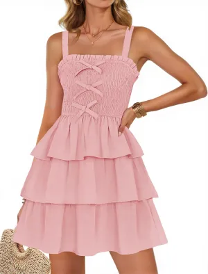 ZESICA Women's Summer Sleeveless Ruffle Tiered Layered Mini Dresses 2025 Square Neck Smocked Short Beach Sundress