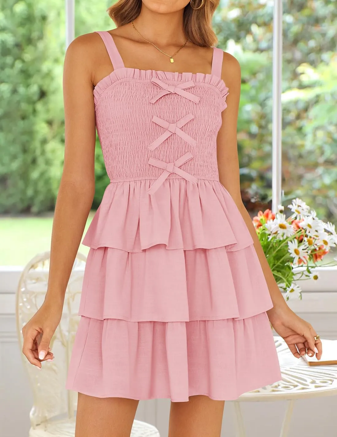 ZESICA Women's Summer Sleeveless Ruffle Tiered Layered Mini Dresses 2025 Square Neck Smocked Short Beach Sundress