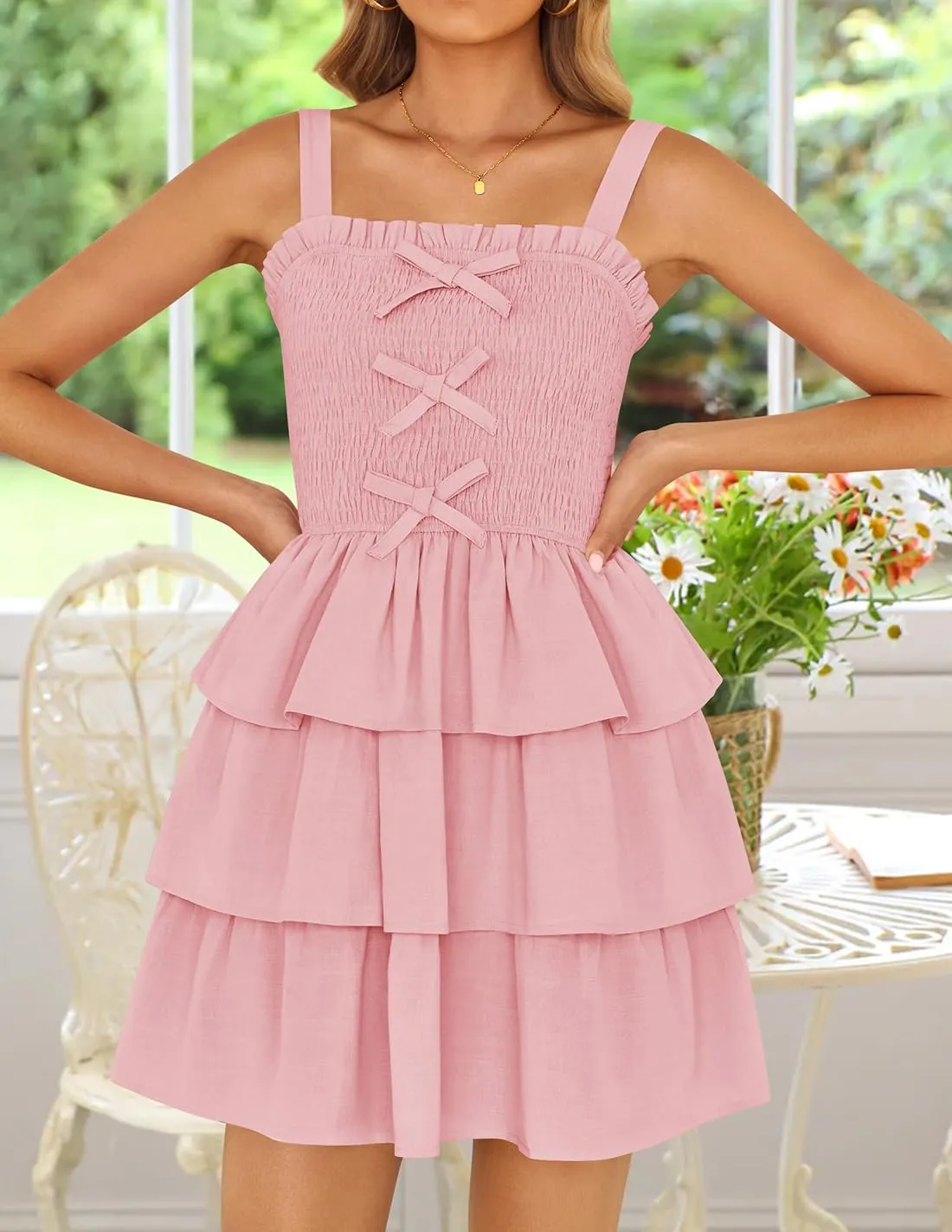 ZESICA Women's Summer Sleeveless Ruffle Tiered Layered Mini Dresses 2025 Square Neck Smocked Short Beach Sundress
