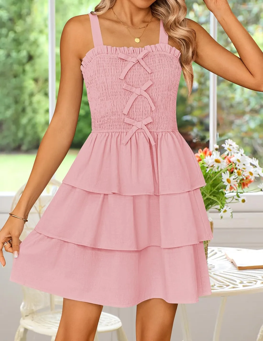 ZESICA Women's Summer Sleeveless Ruffle Tiered Layered Mini Dresses 2025 Square Neck Smocked Short Beach Sundress