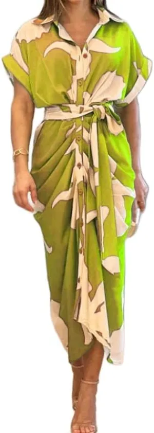 ZOCAVIA Women's Boho Floral Maxi Shirt Dress Elegant Work Wrap Summer Dress V Neck Button Dress with Belt