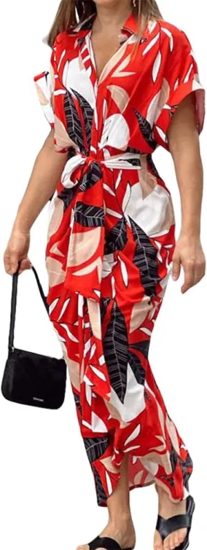 ZOCAVIA Women's Boho Floral Maxi Shirt Dress Elegant Work Wrap Summer Dress V Neck Button Dress with Belt
