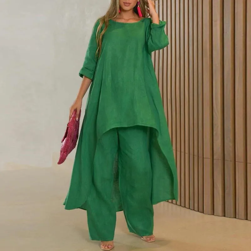 ZOCAVIA Womens Linen Set Oversized Casual Loose Long Sleeve CrewNeck Tops and Wide Leg Pants 2 Piece Boho Resort Outfits