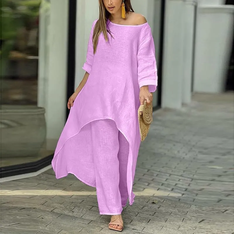 ZOCAVIA Womens Linen Set Oversized Casual Loose Long Sleeve CrewNeck Tops and Wide Leg Pants 2 Piece Boho Resort Outfits