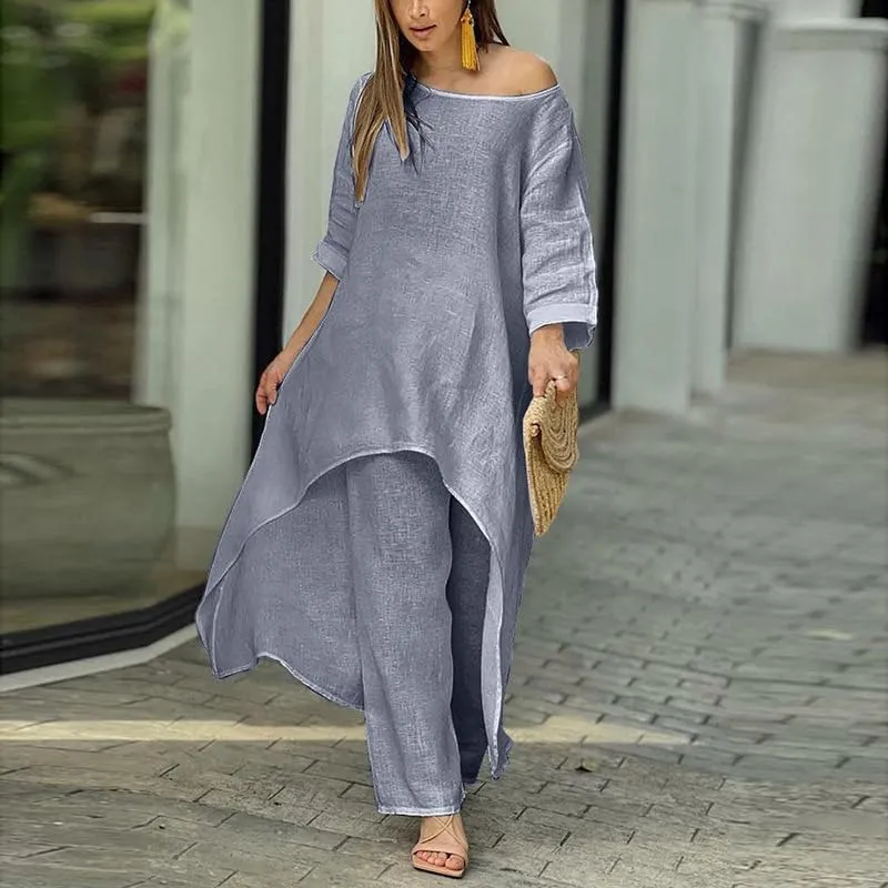 ZOCAVIA Womens Linen Set Oversized Casual Loose Long Sleeve CrewNeck Tops and Wide Leg Pants 2 Piece Boho Resort Outfits