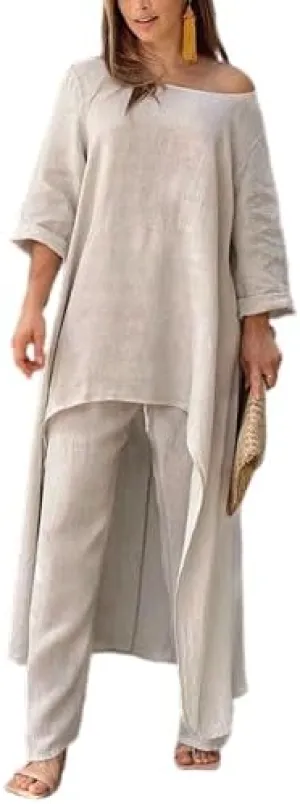ZOCAVIA Womens Linen Set Oversized Casual Loose Long Sleeve CrewNeck Tops and Wide Leg Pants 2 Piece Boho Resort Outfits