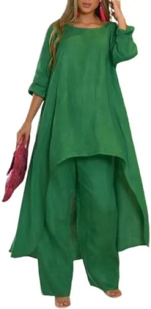 ZOCAVIA Womens Linen Set Oversized Casual Loose Long Sleeve CrewNeck Tops and Wide Leg Pants 2 Piece Boho Resort Outfits