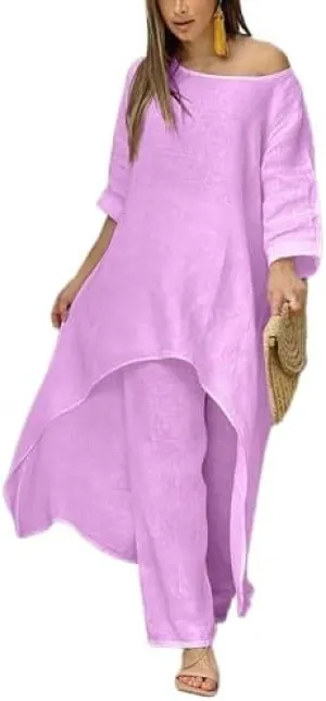 ZOCAVIA Womens Linen Set Oversized Casual Loose Long Sleeve CrewNeck Tops and Wide Leg Pants 2 Piece Boho Resort Outfits