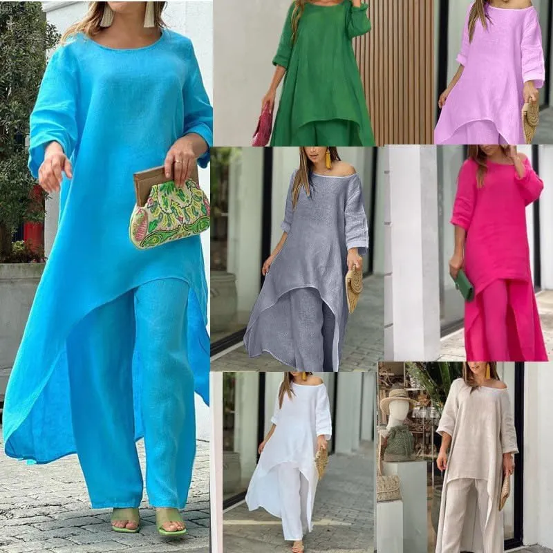 ZOCAVIA Womens Linen Set Oversized Casual Loose Long Sleeve CrewNeck Tops and Wide Leg Pants 2 Piece Boho Resort Outfits