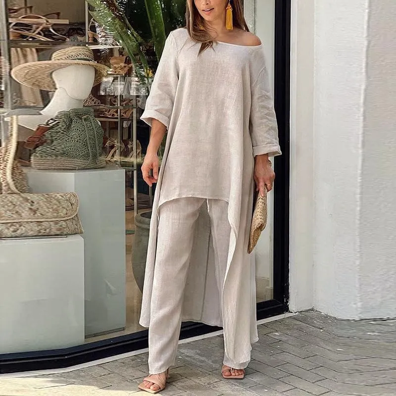 ZOCAVIA Womens Linen Set Oversized Casual Loose Long Sleeve CrewNeck Tops and Wide Leg Pants 2 Piece Boho Resort Outfits