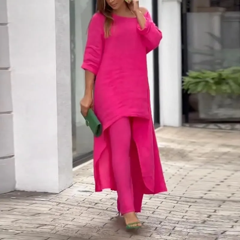 ZOCAVIA Womens Linen Set Oversized Casual Loose Long Sleeve CrewNeck Tops and Wide Leg Pants 2 Piece Boho Resort Outfits