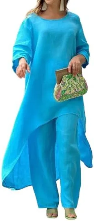 ZOCAVIA Womens Linen Set Oversized Casual Loose Long Sleeve CrewNeck Tops and Wide Leg Pants 2 Piece Boho Resort Outfits