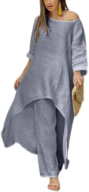 ZOCAVIA Womens Linen Set Oversized Casual Loose Long Sleeve CrewNeck Tops and Wide Leg Pants 2 Piece Boho Resort Outfits
